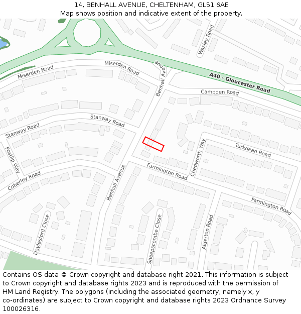 14, BENHALL AVENUE, CHELTENHAM, GL51 6AE: Location map and indicative extent of plot