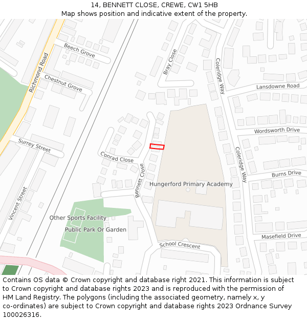 14, BENNETT CLOSE, CREWE, CW1 5HB: Location map and indicative extent of plot