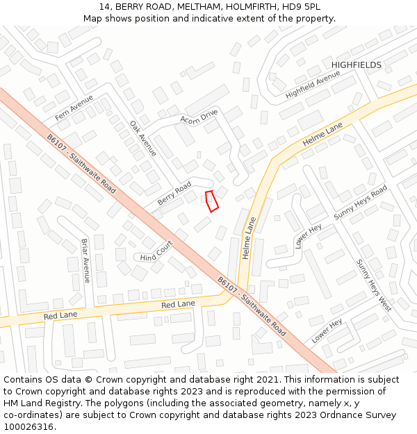 14, BERRY ROAD, MELTHAM, HOLMFIRTH, HD9 5PL: Location map and indicative extent of plot