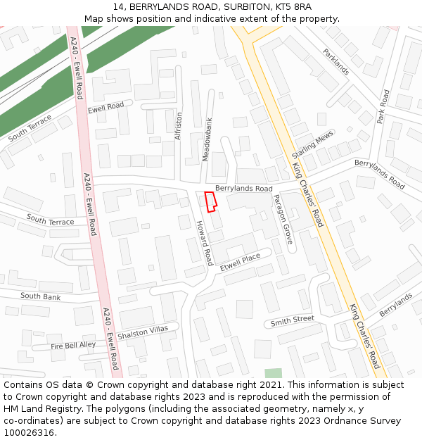 14, BERRYLANDS ROAD, SURBITON, KT5 8RA: Location map and indicative extent of plot