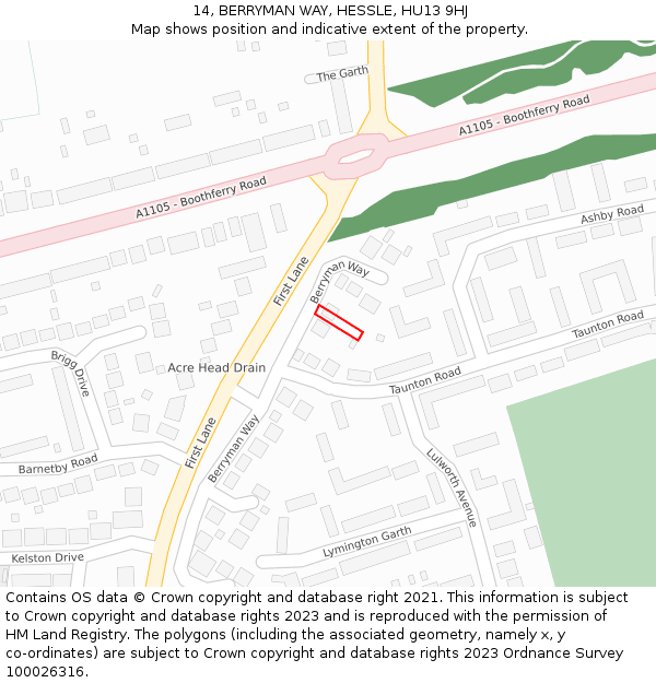 14, BERRYMAN WAY, HESSLE, HU13 9HJ: Location map and indicative extent of plot