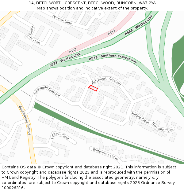 14, BETCHWORTH CRESCENT, BEECHWOOD, RUNCORN, WA7 2YA: Location map and indicative extent of plot