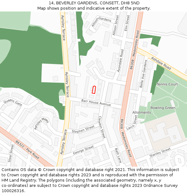 14, BEVERLEY GARDENS, CONSETT, DH8 5ND: Location map and indicative extent of plot