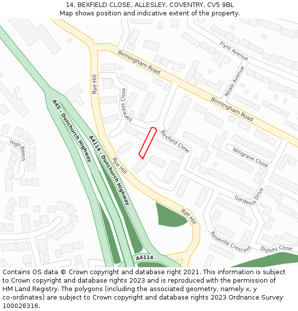 14, BEXFIELD CLOSE, ALLESLEY, COVENTRY, CV5 9BL: Location map and indicative extent of plot