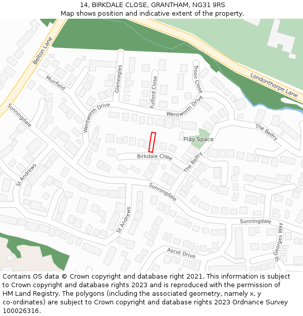 14, BIRKDALE CLOSE, GRANTHAM, NG31 9RS: Location map and indicative extent of plot