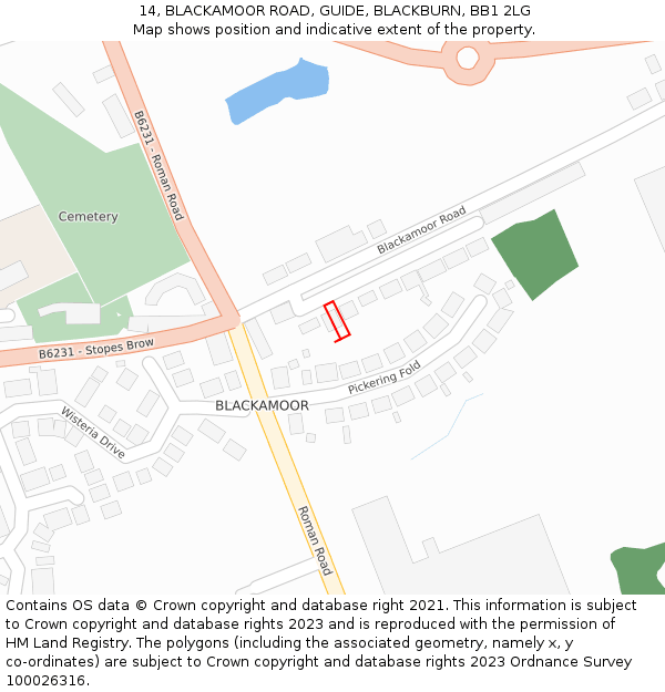 14, BLACKAMOOR ROAD, GUIDE, BLACKBURN, BB1 2LG: Location map and indicative extent of plot