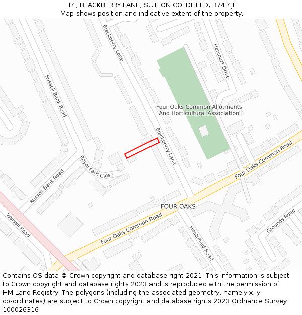 14, BLACKBERRY LANE, SUTTON COLDFIELD, B74 4JE: Location map and indicative extent of plot