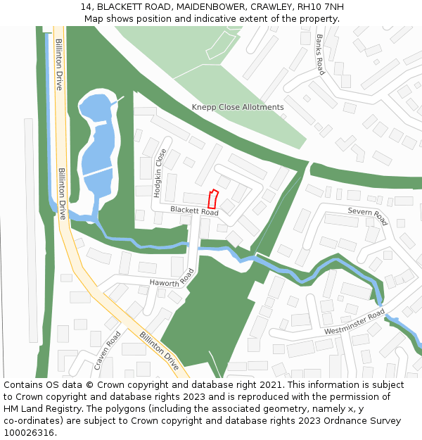 14, BLACKETT ROAD, MAIDENBOWER, CRAWLEY, RH10 7NH: Location map and indicative extent of plot