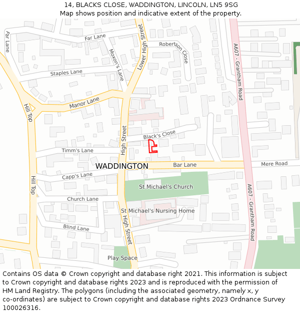 14, BLACKS CLOSE, WADDINGTON, LINCOLN, LN5 9SG: Location map and indicative extent of plot