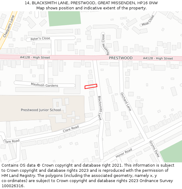 14, BLACKSMITH LANE, PRESTWOOD, GREAT MISSENDEN, HP16 0NW: Location map and indicative extent of plot