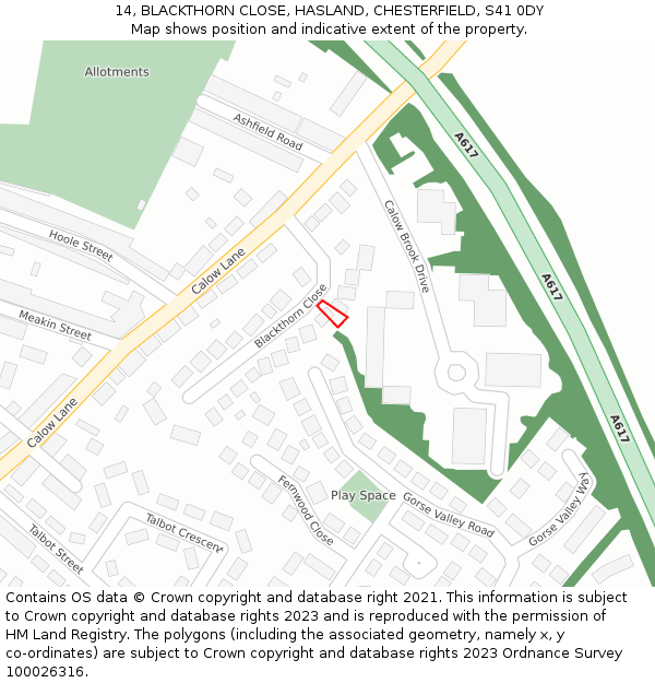 14, BLACKTHORN CLOSE, HASLAND, CHESTERFIELD, S41 0DY: Location map and indicative extent of plot