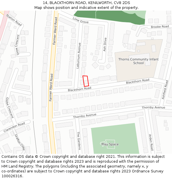 14, BLACKTHORN ROAD, KENILWORTH, CV8 2DS: Location map and indicative extent of plot