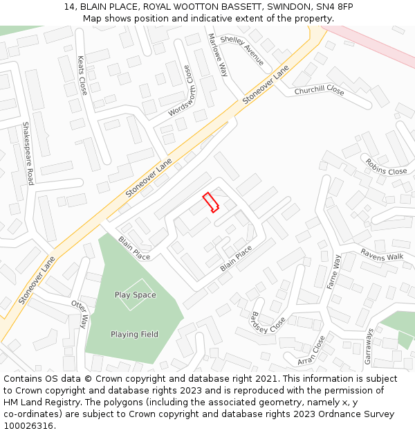 14, BLAIN PLACE, ROYAL WOOTTON BASSETT, SWINDON, SN4 8FP: Location map and indicative extent of plot