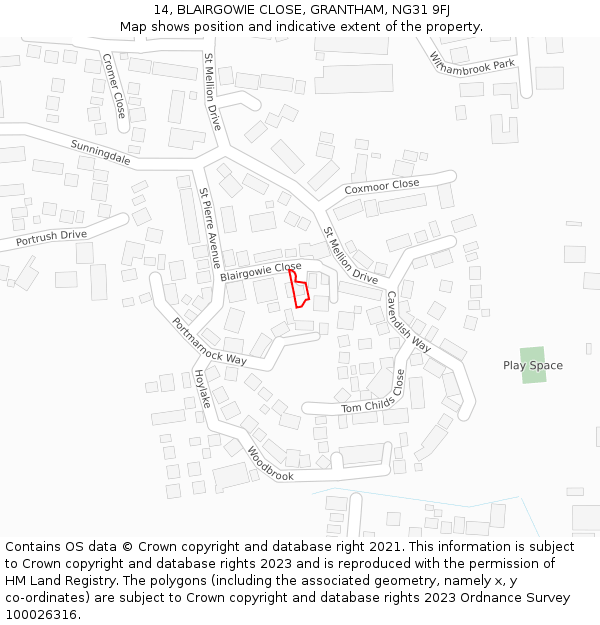 14, BLAIRGOWIE CLOSE, GRANTHAM, NG31 9FJ: Location map and indicative extent of plot