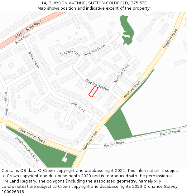 14, BLAYDON AVENUE, SUTTON COLDFIELD, B75 5TE: Location map and indicative extent of plot