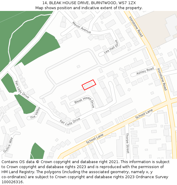 14, BLEAK HOUSE DRIVE, BURNTWOOD, WS7 1ZX: Location map and indicative extent of plot