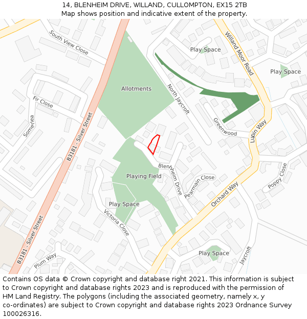 14, BLENHEIM DRIVE, WILLAND, CULLOMPTON, EX15 2TB: Location map and indicative extent of plot