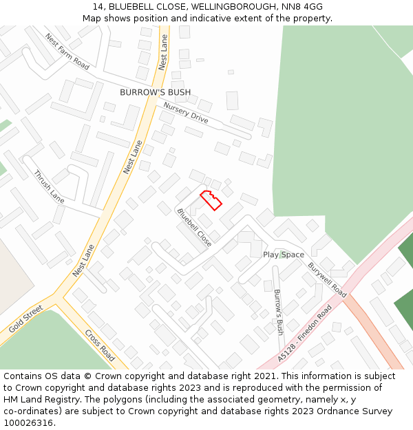 14, BLUEBELL CLOSE, WELLINGBOROUGH, NN8 4GG: Location map and indicative extent of plot