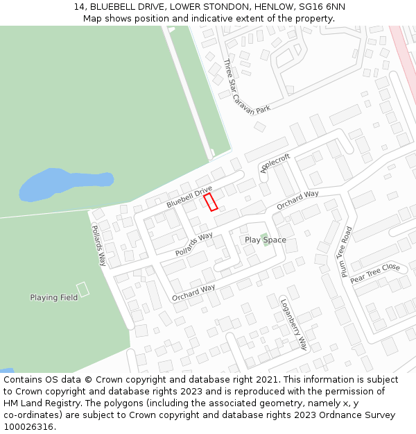 14, BLUEBELL DRIVE, LOWER STONDON, HENLOW, SG16 6NN: Location map and indicative extent of plot