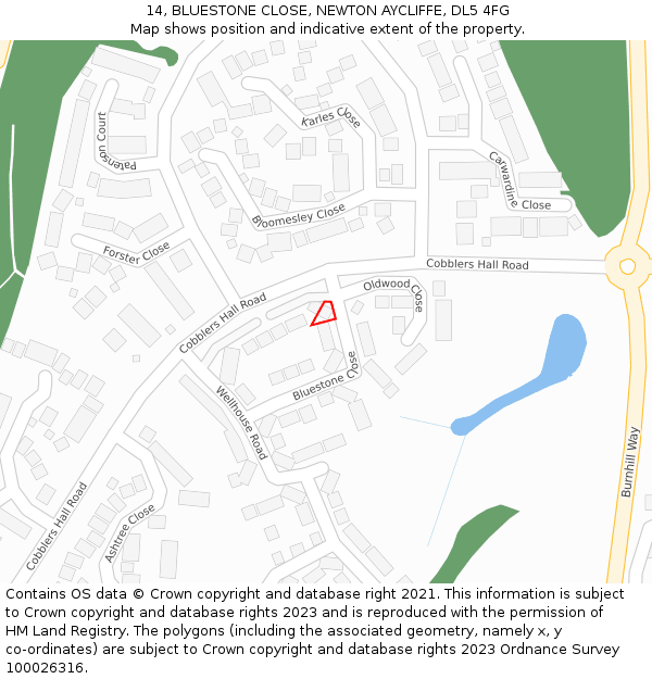 14, BLUESTONE CLOSE, NEWTON AYCLIFFE, DL5 4FG: Location map and indicative extent of plot