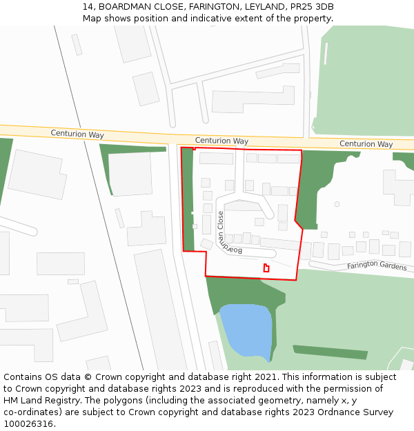 14, BOARDMAN CLOSE, FARINGTON, LEYLAND, PR25 3DB: Location map and indicative extent of plot