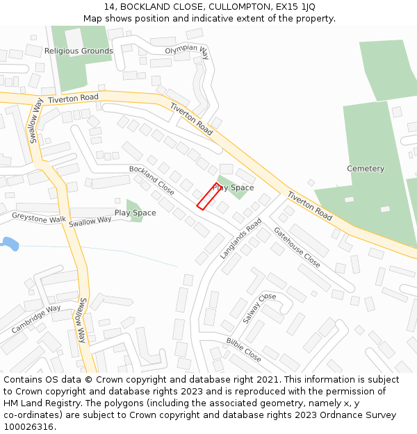 14, BOCKLAND CLOSE, CULLOMPTON, EX15 1JQ: Location map and indicative extent of plot