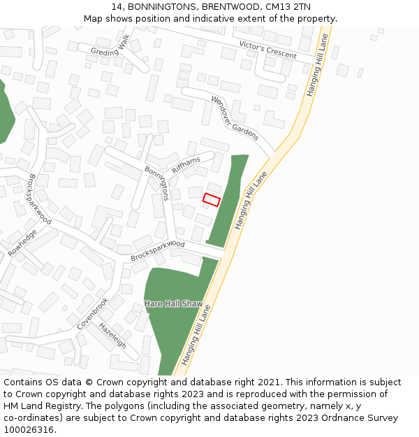 14, BONNINGTONS, BRENTWOOD, CM13 2TN: Location map and indicative extent of plot