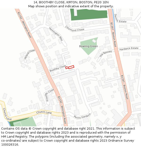 14, BOOTHBY CLOSE, KIRTON, BOSTON, PE20 1EN: Location map and indicative extent of plot