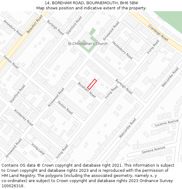 14, BOREHAM ROAD, BOURNEMOUTH, BH6 5BW: Location map and indicative extent of plot