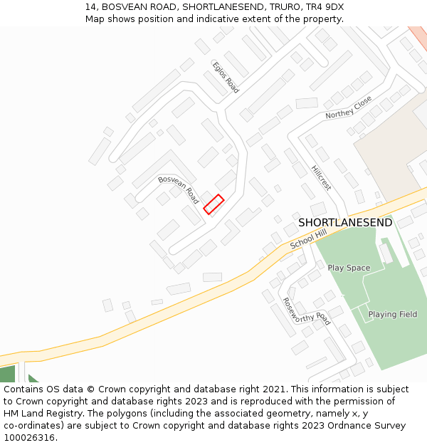 14, BOSVEAN ROAD, SHORTLANESEND, TRURO, TR4 9DX: Location map and indicative extent of plot