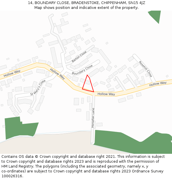 14, BOUNDARY CLOSE, BRADENSTOKE, CHIPPENHAM, SN15 4JZ: Location map and indicative extent of plot