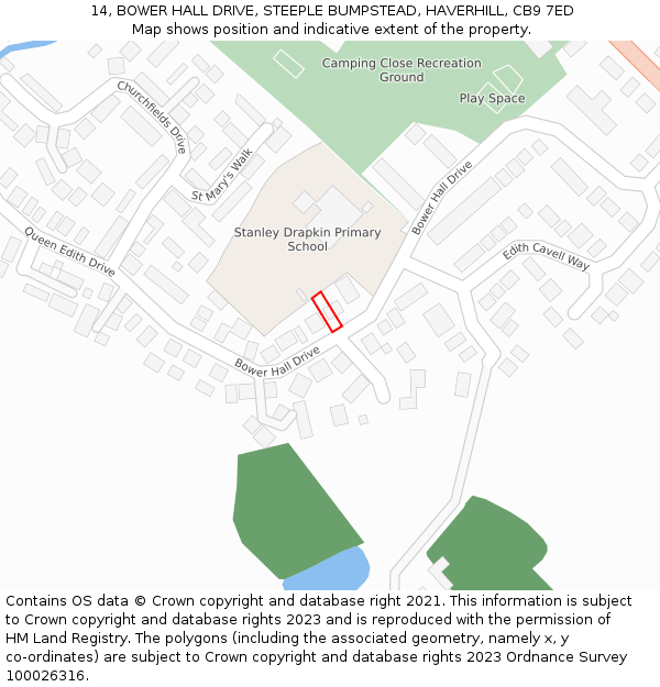 14, BOWER HALL DRIVE, STEEPLE BUMPSTEAD, HAVERHILL, CB9 7ED: Location map and indicative extent of plot