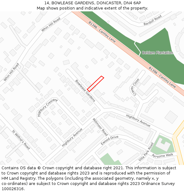 14, BOWLEASE GARDENS, DONCASTER, DN4 6AP: Location map and indicative extent of plot