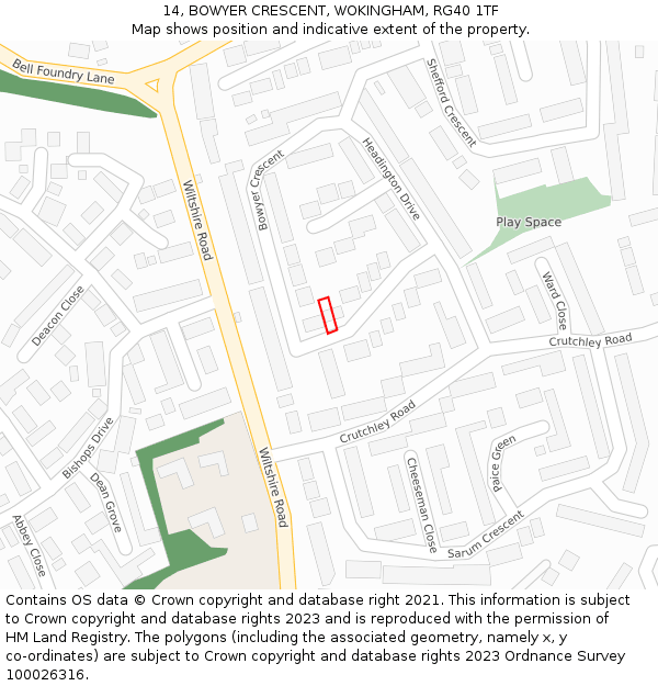 14, BOWYER CRESCENT, WOKINGHAM, RG40 1TF: Location map and indicative extent of plot