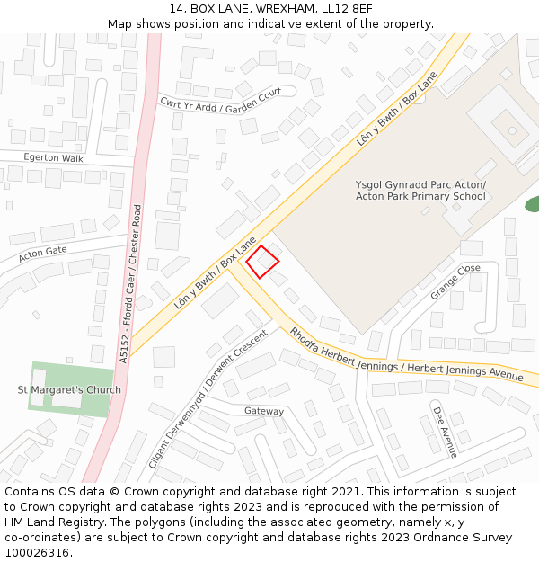 14, BOX LANE, WREXHAM, LL12 8EF: Location map and indicative extent of plot