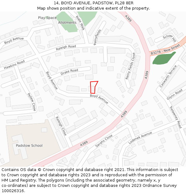 14, BOYD AVENUE, PADSTOW, PL28 8ER: Location map and indicative extent of plot