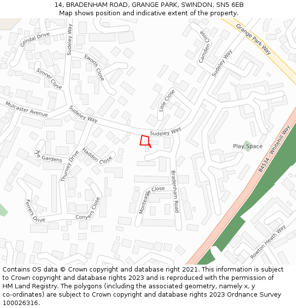 14, BRADENHAM ROAD, GRANGE PARK, SWINDON, SN5 6EB: Location map and indicative extent of plot