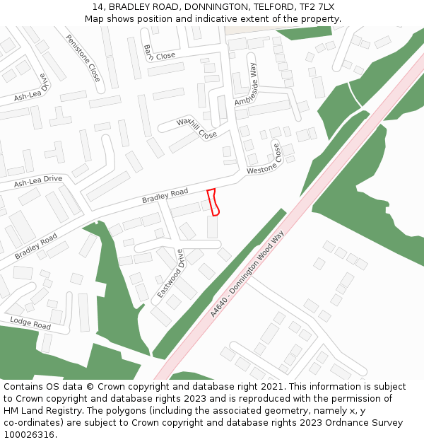 14, BRADLEY ROAD, DONNINGTON, TELFORD, TF2 7LX: Location map and indicative extent of plot