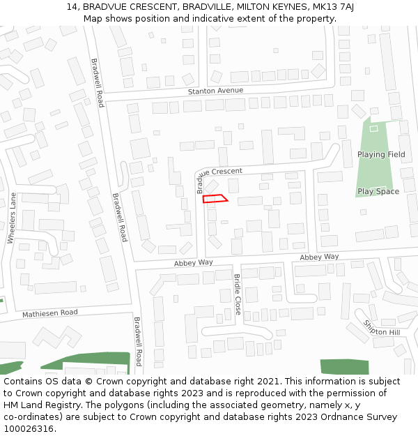 14, BRADVUE CRESCENT, BRADVILLE, MILTON KEYNES, MK13 7AJ: Location map and indicative extent of plot