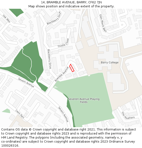 14, BRAMBLE AVENUE, BARRY, CF62 7JN: Location map and indicative extent of plot