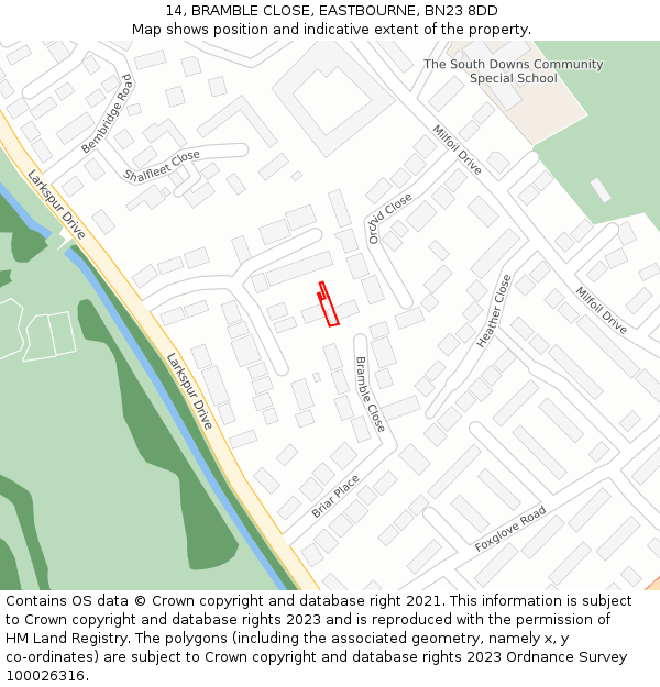 14, BRAMBLE CLOSE, EASTBOURNE, BN23 8DD: Location map and indicative extent of plot