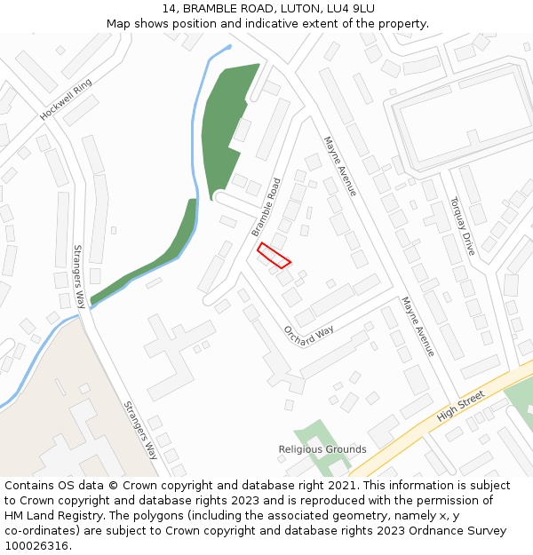 14, BRAMBLE ROAD, LUTON, LU4 9LU: Location map and indicative extent of plot