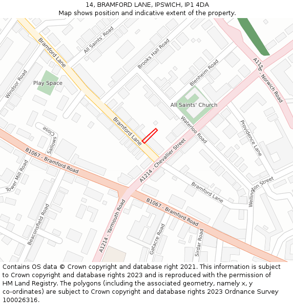 14, BRAMFORD LANE, IPSWICH, IP1 4DA: Location map and indicative extent of plot