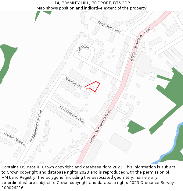 14, BRAMLEY HILL, BRIDPORT, DT6 3DP: Location map and indicative extent of plot