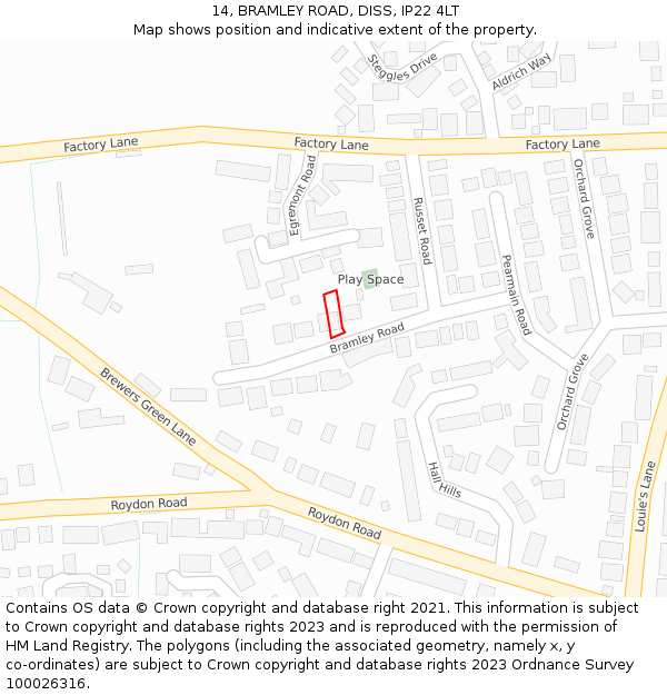 14, BRAMLEY ROAD, DISS, IP22 4LT: Location map and indicative extent of plot