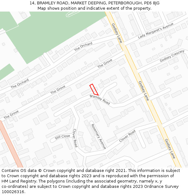 14, BRAMLEY ROAD, MARKET DEEPING, PETERBOROUGH, PE6 8JG: Location map and indicative extent of plot