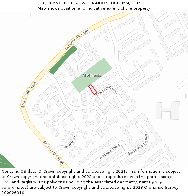 14, BRANCEPETH VIEW, BRANDON, DURHAM, DH7 8TS: Location map and indicative extent of plot