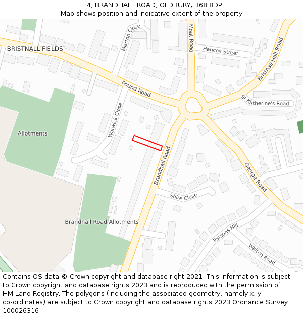 14, BRANDHALL ROAD, OLDBURY, B68 8DP: Location map and indicative extent of plot