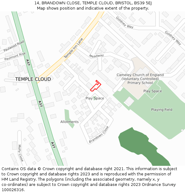 14, BRANDOWN CLOSE, TEMPLE CLOUD, BRISTOL, BS39 5EJ: Location map and indicative extent of plot