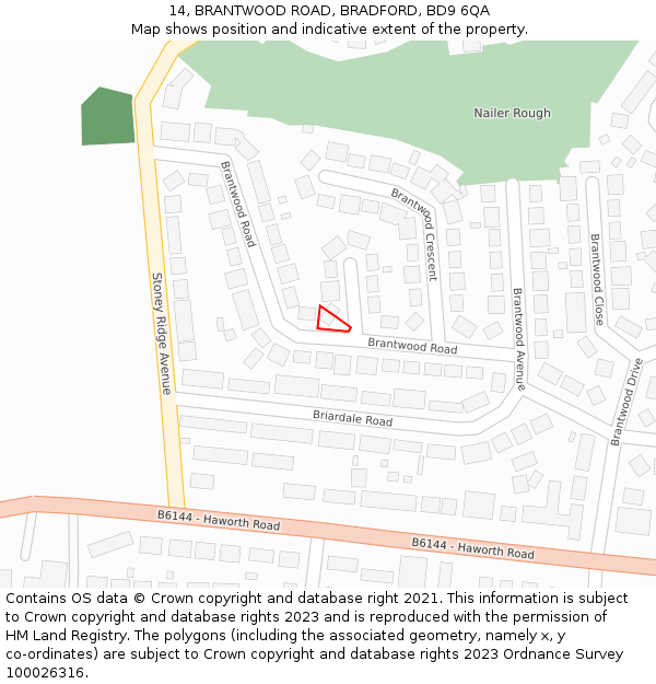 14, BRANTWOOD ROAD, BRADFORD, BD9 6QA: Location map and indicative extent of plot